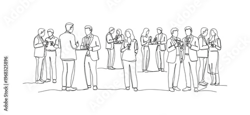 Cocktail Networking. Minimalistic one-line drawing people chatting and holding drinks at social event, continuous single black line on white background, simple
