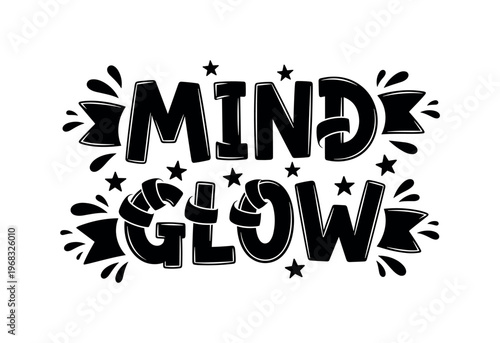 Mind Glow. lettering and all elements in black. Vector style. AWhite background. Pure white background. Perfect isolation and visual consistency. Dynamic