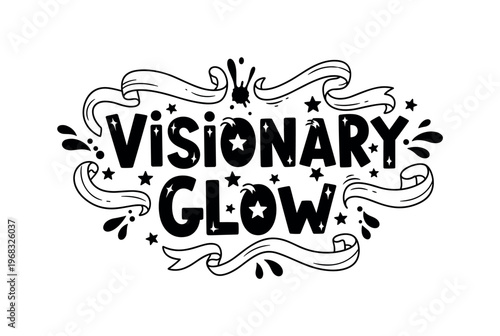 Visionary Glow. lettering and all elements in black. Vector style. AWhite background. Pure white background. Perfect isolation and visual consistency. Funky