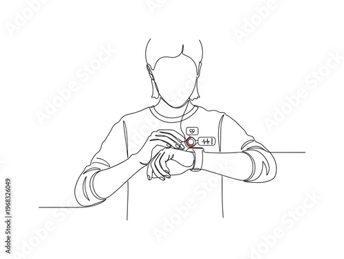 Fitness Metrics. Minimalistic one-line drawing person checking activity rings and heart rate on wearable, continuous single black line on white background,