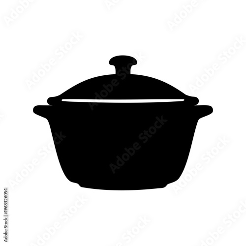 Monochrome illustration of a covered cooking pot, depicting kitchenware in simple design