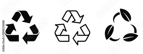 Recycle icon set, ecology, eco-friendly, and environmental management symbols, hand drawn vector illustration in black and white