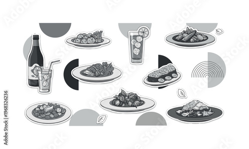 culinary diversity abstract circles semicircles and abstract leaf icons vintage monochrome dishes and drinks arranged to showcase cultural variety with white