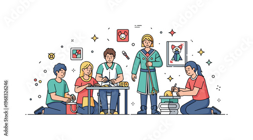 Group cosplay collaborative crafting scene where friends work on costumes and props while tiny sparkle and star icons emphasize teamwork, creativity, and