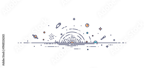 Infinite space cosmic horizon concept where a distant universe fades into the void while tiny sparkle and line icons emphasize depth, infinity, and mystery.