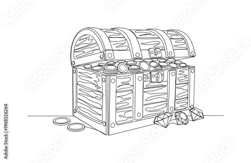 Ancient Treasure. Minimalistic one-line drawing weathered chest with coins and jewels peeking out, continuous single black line on white background, simple
