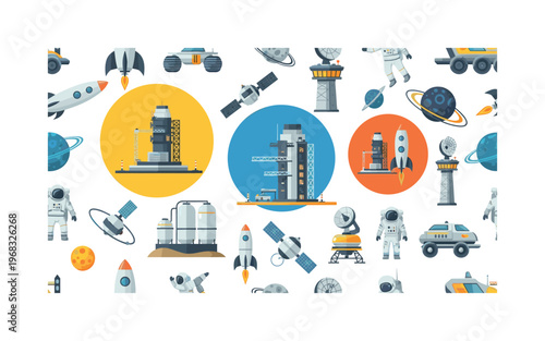 interplanetary icons seamless pattern, repeating pattern, surface design, textile print, modern illustration of astronauts, rockets, satellites, launch pads,