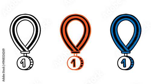 Medal set with ribbon. Black and Blue award badges. Vector seal collection in flat style	
