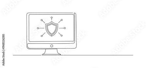 Encrypted Network Access. Minimalistic one-line drawing computer showing shield icon and secure lines, continuous single black line on white background, simple