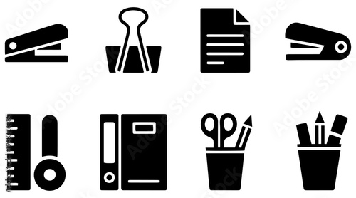 Essential office stationery supplies and business equipment silhouette icon set. vector illustration 
