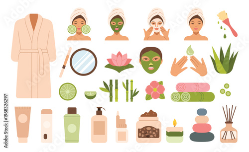 Vector illustration of spa and skincare icons set featuring flat design beauty collection with isolated objects such as creams, oils, towels, and wellness symbols, crafted in a clean modern style 