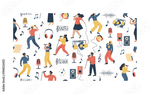 vocalist singing seamless pattern, repeating pattern, surface design, textile print, modern illustration of singers, microphones, music notes, headphones,