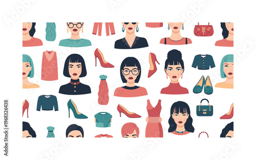 vivid style seamless pattern, repeating pattern, surface design, textile print, modern illustration of models with striking lipstick, bold eyeshadow, colorful
