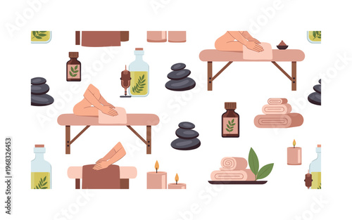 therapeutic motifs seamless pattern, repeating pattern, surface design, textile print, modern illustration of massage tables, essential oils, spa stones, hands