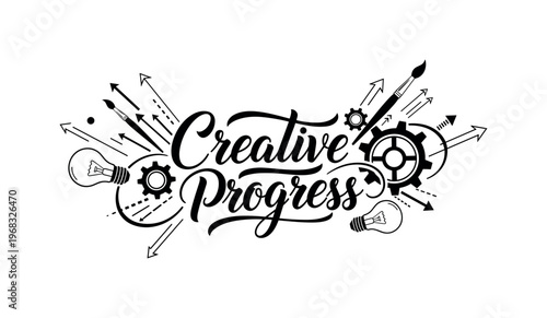 Creative Progress. lettering and all elements in black. Vector style. AWhite background. Pure white background. Perfect isolation and visual consistency.