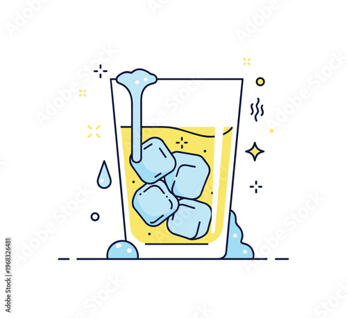 Drinking cold lemonade ice cubes close-up concept where condensation drips from a glass while tiny sparkle and line icons highlight chill, refreshment, and