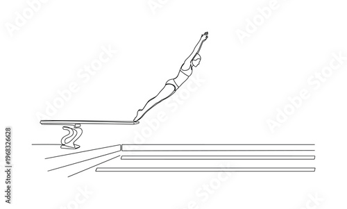 Career Plunge. Minimalistic one-line drawing individual diving off springboard into pool, continuous single black line on white background, simple outline