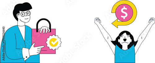 Illustrated scene showing person with shopping bag celebrating financial success and happiness together joyfully