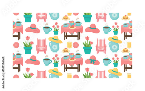 spring veranda icons seamless pattern, repeating pattern, surface design, textile print, modern illustration of breakfast tables, coffee cups, pastries,