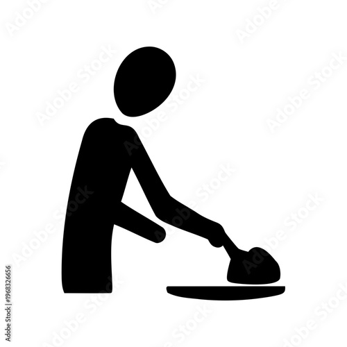 Simple stylized silhouette of a person ironing clothing with a flat iron