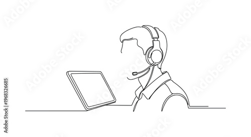 Education Online. Minimalistic one-line drawing individual watching online class with headphones, continuous single black line on white background, simple