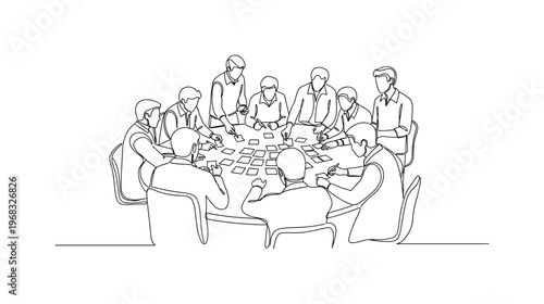 Collective Brainstorm. Minimalistic one-line drawing people around large table adding idea notes, continuous single black line on white background, simple