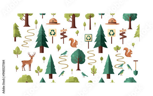 tree preservation motifs seamless pattern, repeating pattern, surface design, textile print, modern illustration of forest trees, saplings, animals, ranger