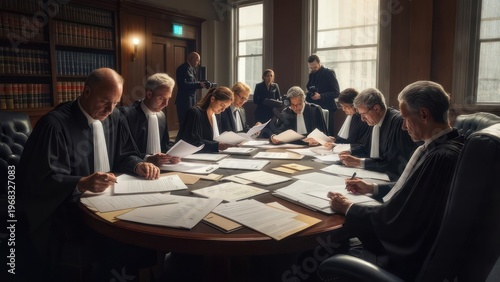 Lawyers in a courtroom, reviewing documents