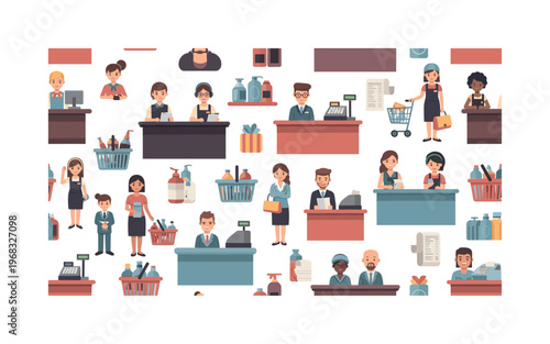retail icons seamless pattern, repeating pattern, surface design, textile print, modern illustration of service workers, counters, cash registers, products,