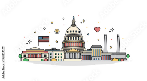 America Washington D.C. landmarks concept where the Capitol and monuments appear while tiny sparkle and star icons highlight political history, heritage, and