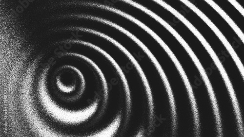 Grainy black and white background with concentric circular waves, glowing highlights and spiral ripples created from thousands of individual dots. Glares create an illusion of depth and optical motion