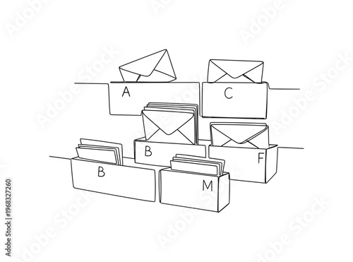Letter Distribution. Minimalistic one-line drawing envelopes being organized into designated slots for each recipient, continuous single black line on white