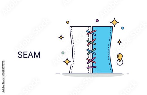 Seam decorative embroidery seam scene where ornamental stitching on fabric is highlighted while small sparkle and star icons emphasize artistry, aesthetics,
