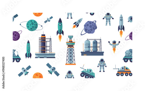 space motifs seamless pattern, repeating pattern, surface design, textile print, modern illustration of astronauts, rockets, satellites, launch pads, fuel