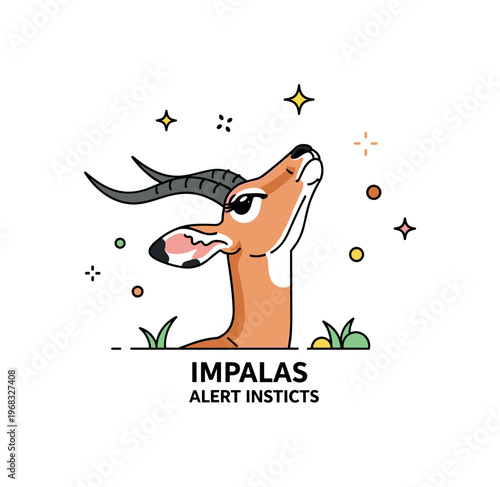 Impalas alert stance concept where an impala looks up with ears perked while tiny sparkle and star icons highlight awareness, agility, and predator detection.