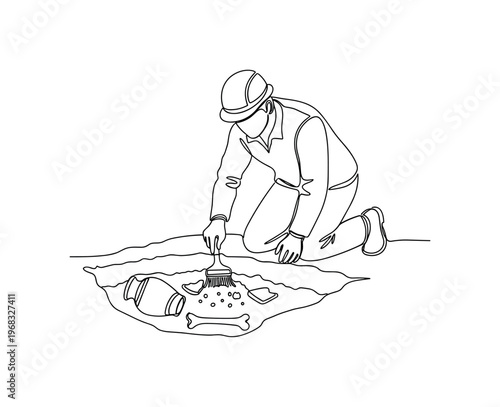 Archaeologist Working. Minimalistic one-line drawing person brushing soil and uncovering artifacts carefully, continuous single black line on white background,