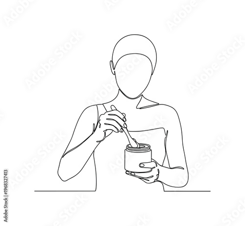 Mixing Skincare. Minimalistic one-line drawing person blending ingredients with spatula in jar, continuous single black line on white background, simple