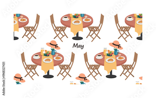 May breakfast on the veranda seamless pattern, repeating pattern, surface design, textile print, modern illustration of outdoor tables, breakfast plates,