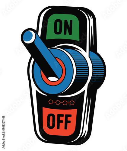 Retro toggle switch ON OFF on metal background, hand drawn vector illustration in black and white, minimalist design for electronics