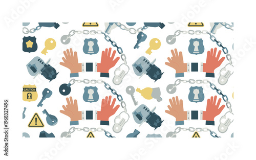 handcuffed hands seamless pattern, repeating pattern, surface design, textile print, modern illustration of wrists with handcuffs, chains, keys, security