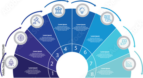 Collection of vector circle chart infographic templates for presentations, advertising, layouts, annual reports. 8 options, steps, parts	
