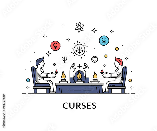Curses occult ritual chamber scene where floating symbols and mystical energy appear around a table while tiny sparkle and line icons highlight magic, secrecy,
