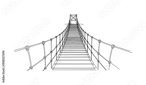 Suspension Wooden Bridge. Minimalistic one-line drawing narrow wooden bridge with ropes and planks, continuous single black line on white background, simple
