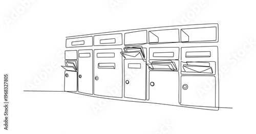 Designating Specific Spots for Mail. Minimalistic one-line drawing mailbox slots or labeled compartments with letters and envelopes, continuous single black