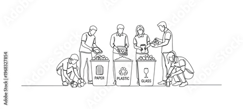 Recycling Initiative. Minimalistic one-line drawing community members organizing recyclable materials into separate bins, continuous single black line on white