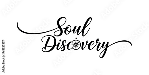 Soul Discovery. lettering and all elements in black. Vector style. AWhite background. Pure white background. Perfect isolation and visual consistency. Elegant