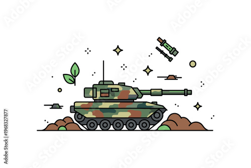 Tanks camouflage tank concept where a tank is partially hidden among terrain while small sparkle and leaf icons emphasize stealth, strategy, and military