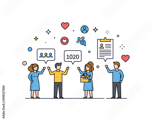 Successful campaign community outreach scene where volunteers celebrate engagement milestones while small sparkle and heart icons emphasize social impact,