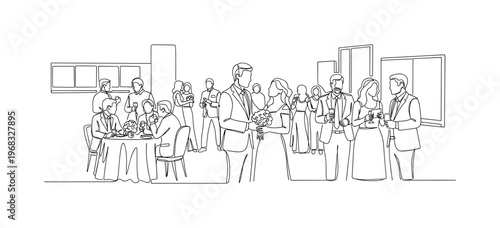 Celebration Gathering. Minimalistic one-line drawing guests mingling and congratulating couple at event, continuous single black line on white background,