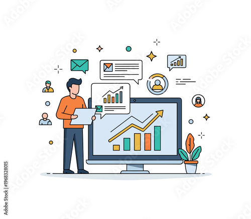 Successful campaign social media engagement celebration scene where likes, shares, and comments increase while tiny sparkle and star icons highlight digital